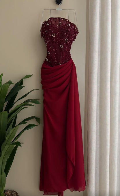 Classy Mermaid Spaghetti Straps Dark Red Burgundy Chiffon Prom Dresses Inspo For Teens Formal Dress Party Outfits Prom Gowns RB2173