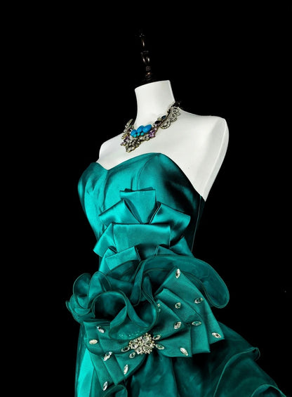 Vintage Mermaid Sweetheart Green 70s Satin Long Prom Gown Party Wear Dresses4 N1834