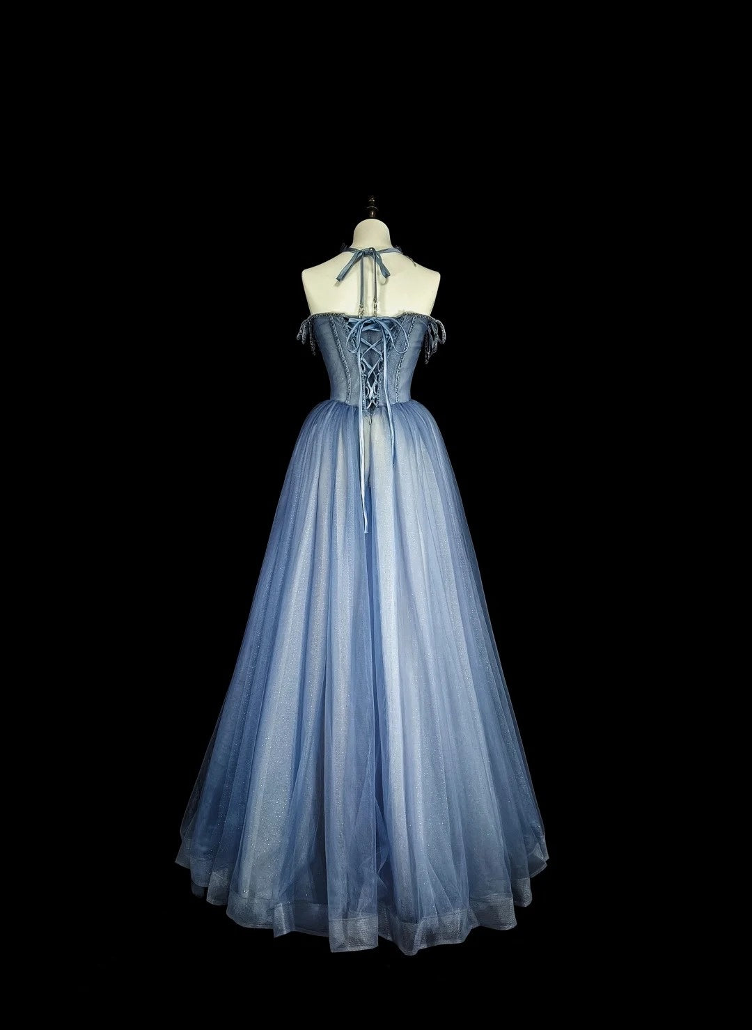Vintage Prom Dresses Aesthetic 1950s Retro A Line Spaghetti Strap Blue Tulle Long Party Dress N2369