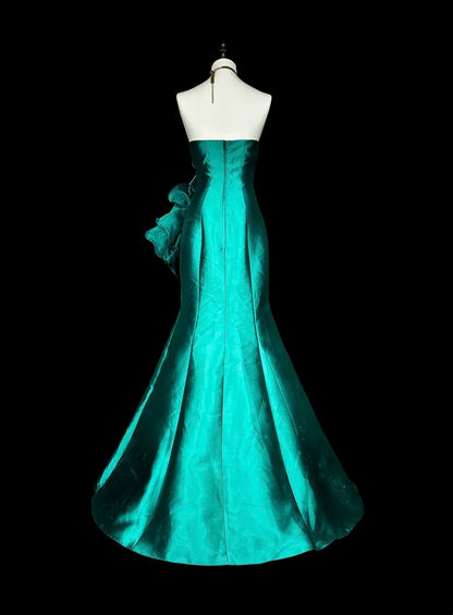 Vintage Mermaid Sweetheart Green 70s Satin Long Prom Gown Party Wear Dresses4 N1834