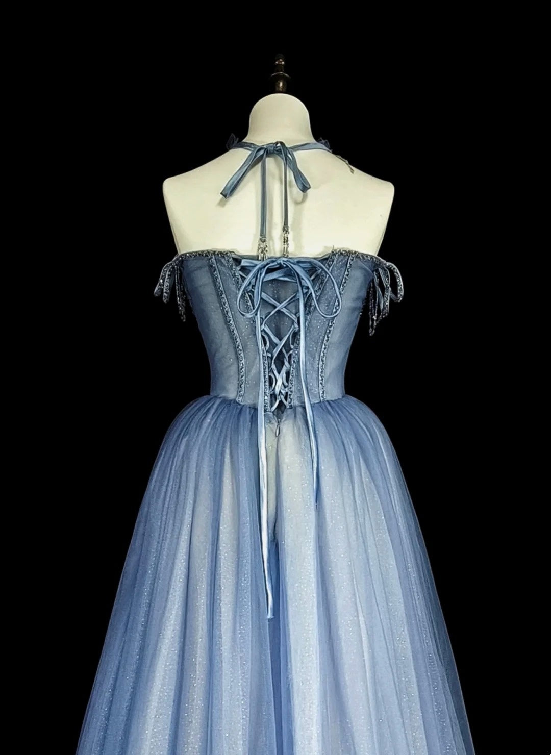 Vintage Prom Dresses Aesthetic 1950s Retro A Line Spaghetti Strap Blue Tulle Long Party Dress N2369