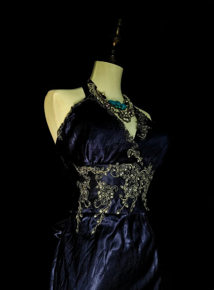 Vintage Mermaid Halter Navy Blue With Beaded Long Summer Black Tie Prom Dresses Spring Formal Party Dress N1421