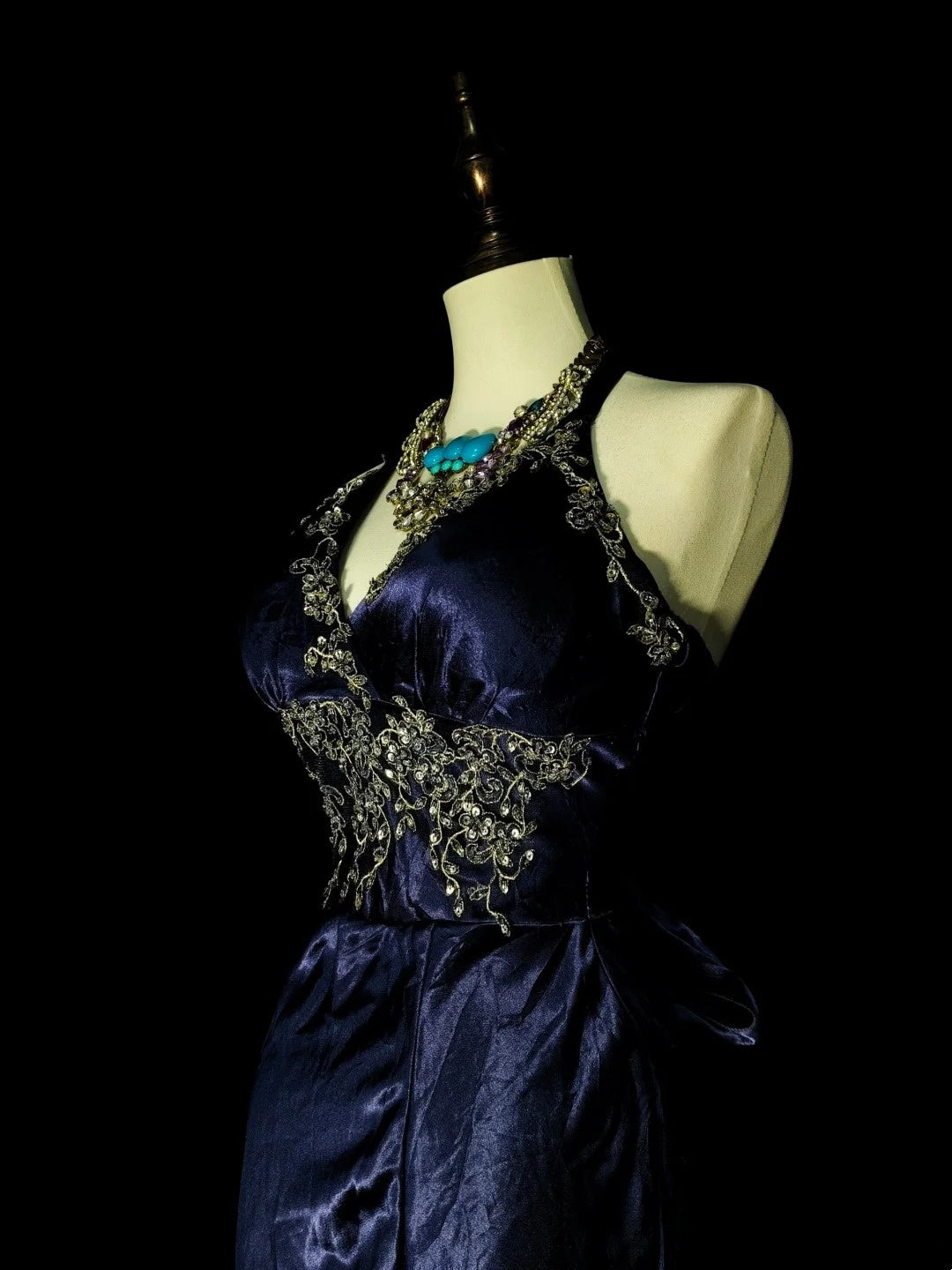 Vintage Mermaid Halter Navy Blue With Beaded Long Summer Black Tie Prom Dresses Spring Formal Party Dress N1421