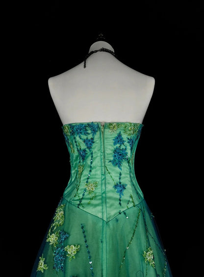 Vintage A Line Sweetheart Green Tulle With Beads Gem Crystals Formal Dress Long Prom Dresses N2699