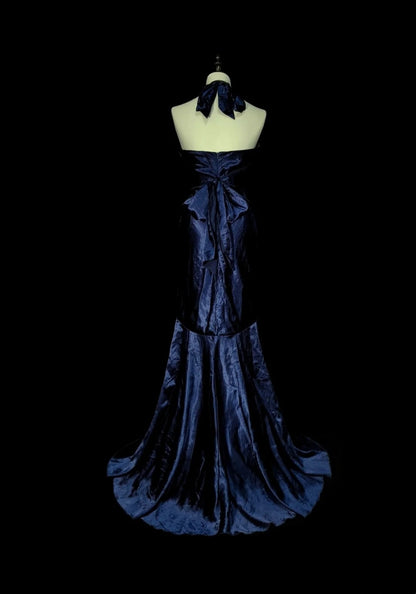 Vintage Mermaid Halter Navy Blue With Beaded Long Summer Black Tie Prom Dresses Spring Formal Party Dress N1421
