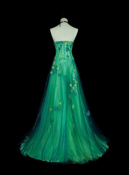 Vintage A Line Sweetheart Green Tulle With Beads Gem Crystals Formal Dress Long Prom Dresses N2699