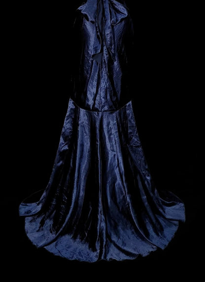 Vintage Mermaid Halter Navy Blue With Beaded Long Summer Black Tie Prom Dresses Spring Formal Party Dress N1421
