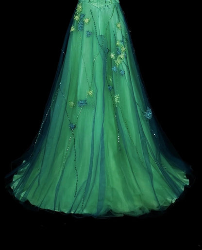 Vintage A Line Sweetheart Green Tulle With Beads Gem Crystals Formal Dress Long Prom Dresses N2699