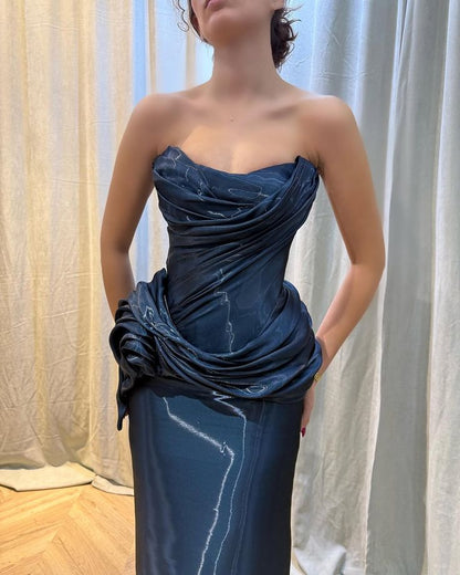 Mermaid Floor Length Strapless Sleeveless Long Prom Dresses Pleated Party Dresses For Women AB1471