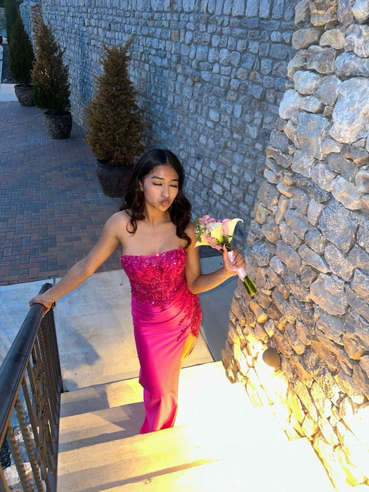 Modest Mermaid Strapless Satin Pink Sequins Lace Prom Dresses With Beads Party Dress Evening Dresses AB1108