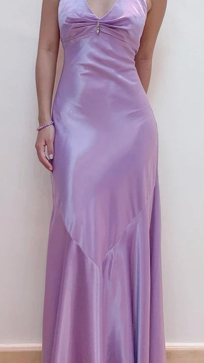 Vintage Mermaid Halter Lilac Satin Formal Dress Long Prom Dresses N2751
