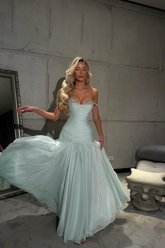 Romantic Off-The-Shoulder Chiffon Sleeveless Prom Dress Beads Pleats Graduation Gown N898