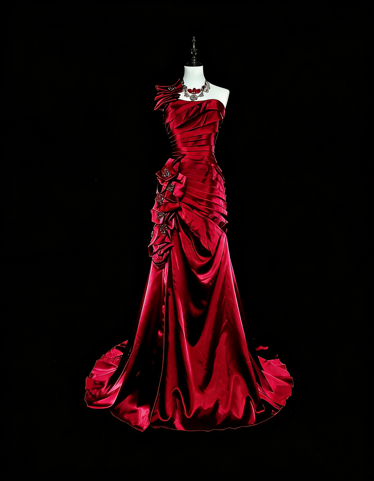 Vintage Prom Dresses Mermaid One Shoulder Dark Burgundy Satin With Beading 1990s Long Formal Gown N2710