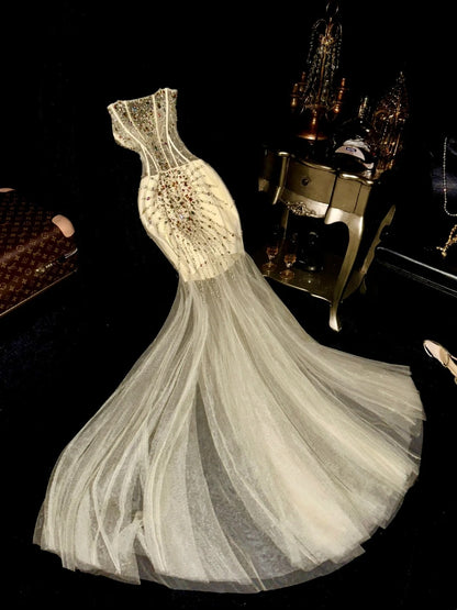 Luxurious Mermaid Sweetheart Champagne With Beading School Dances Prom Dresses 8th Grade Formal Outfits Evening Gown RB8410