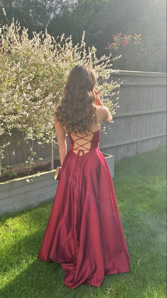 Simple A Line Burgundy Satin Long Prom Dresses with High Slit Inspo Evening Dress AB704