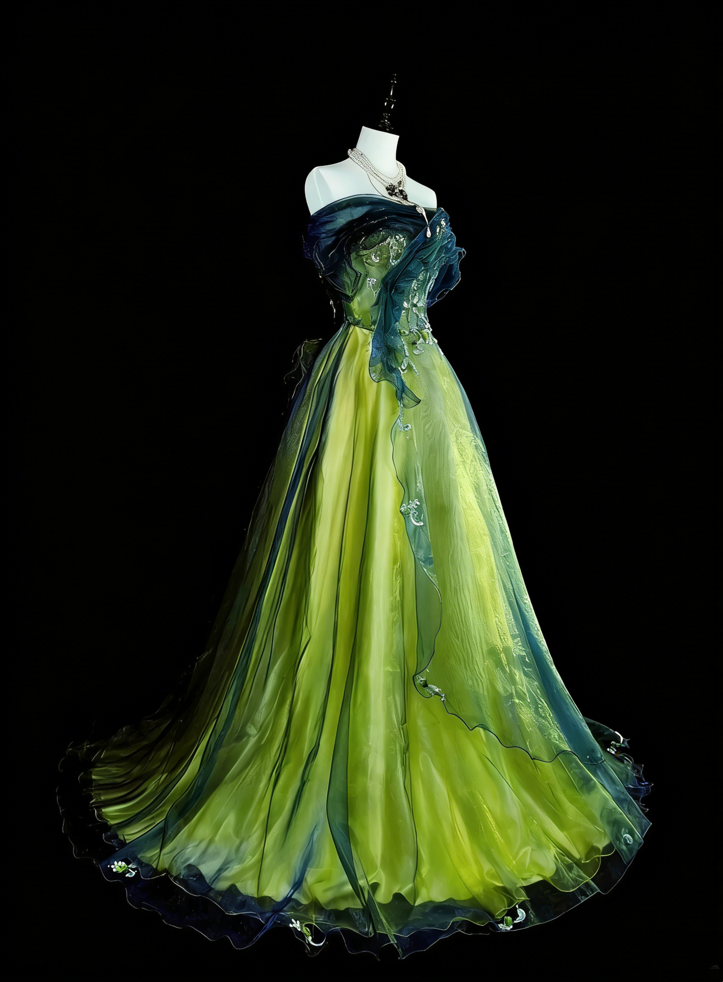 Vintage Ball Gown Strapless Green Black Tulle Sleeveless 80s Prom Dresses Long Formal Party Gown N1466