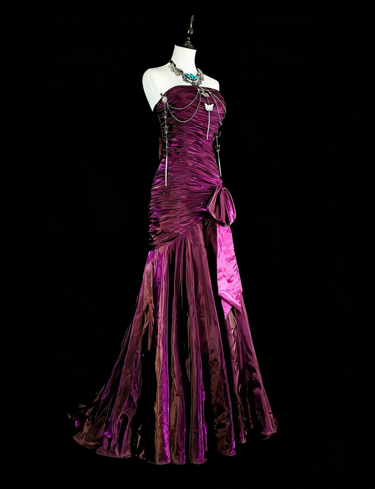 Vintage Prom Dresses Mermaid Strapless Purple Satin With Pleated 1990s Long Formal Gown N2711