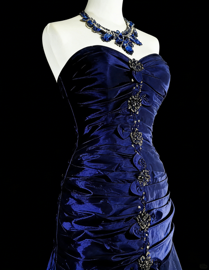 Vintage 1760s Mermaid Sweetheart Royal Blue With Satin Pleated Long Prom Dresses N1605