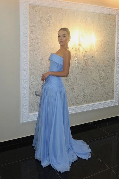 Gorgeous Chic Blue Strapless Sleeveless A Line Long Prom Dresses With Pleated Formal Gowns AB393