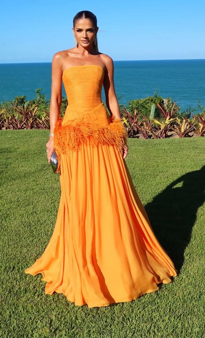 Elegant A line Prom Dresses With Feathers Chiffon Pleated Ruffle Strapless Orange Formal Evening Dress Party Gowns AB413