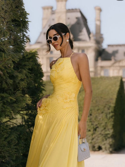 Elegant A line Halter Yellow Prom Dresses Chiffon Pleated Ruffle Formal Evening Dress Party Gowns AB416