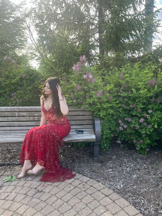Modest Mermaid Spaghetti Straps Burgundy Lace Prom Dresses Inspiration Prom Dress Princess Graduation Dress AB029