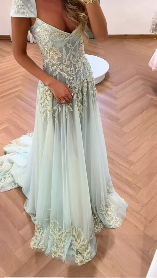 Vintage A Line V Neck Light Sky Blue Tulle Long Prom Dresses Party Dress 21st Birthday Outfits Graduation Dress AB052