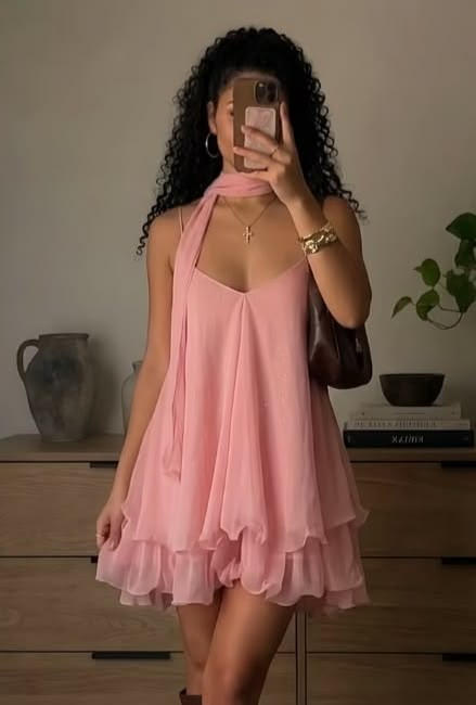 Cute Homecoming Dresses Outfit inspo A line Pink layered dress with scarf 16th Birthday Cocktail Ideas Outfits RB8354