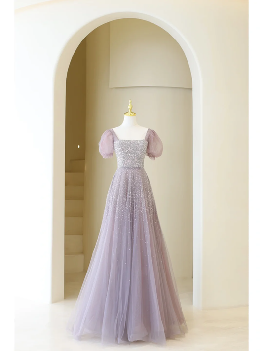 Cute Ball Gown Square Neck Dusty Lilac Tulle Long Prom Dresses Impress 19th Birthday Outfits Prom Gown AB866
