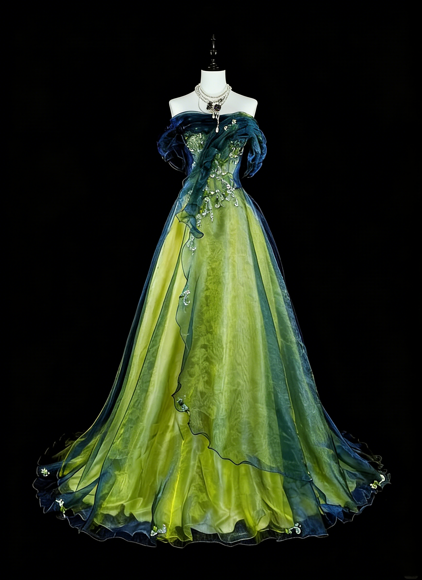Vintage Ball Gown Strapless Green Black Tulle Sleeveless 80s Prom Dresses Long Formal Party Gown N1466
