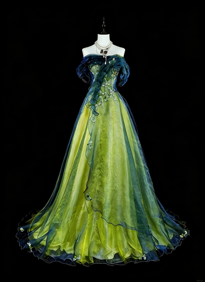 Vintage Ball Gown Strapless Green Black Tulle Sleeveless 80s Prom Dresses Long Formal Party Gown N1466