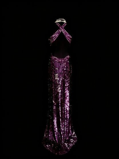 Vintage Prom Dresses Aesthetic 1960s Retro Grape Sequins Backless Mermaid Long Party Dress N2136