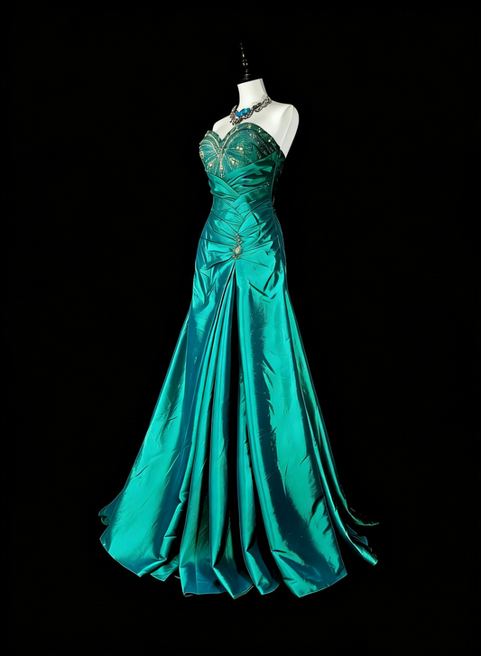 Vintage Mermaid Sweetheart Dark Green 70s With Pleated Beads Long Prom Gown Party Wear Dresses N1839
