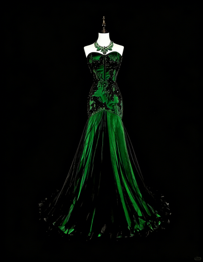 Vintage 1760s Mermaid Sweetheart Green With Black Appliques Long Prom Dresses N1606