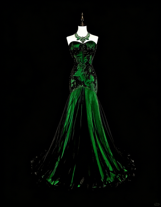 Vintage 1760s Mermaid Sweetheart Green With Black Appliques Long Prom Dresses N1606