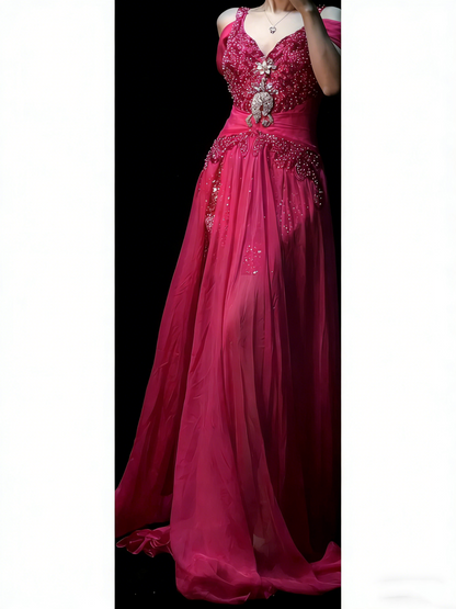 Modest Mermaid Sweetheart Hot Pink Chiffon With Beaded Bodice College Formal Outfit Long Prom Graduation Dresses For Teens N1190