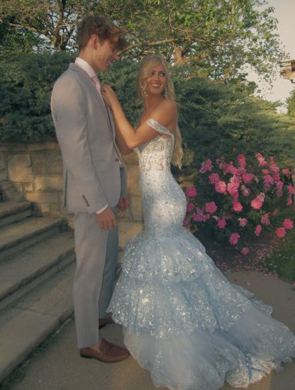 Charming Off The Shoulder Blue Tulle Lace Appliques Layered Mermaid Party Dress Long Evening Gown N600