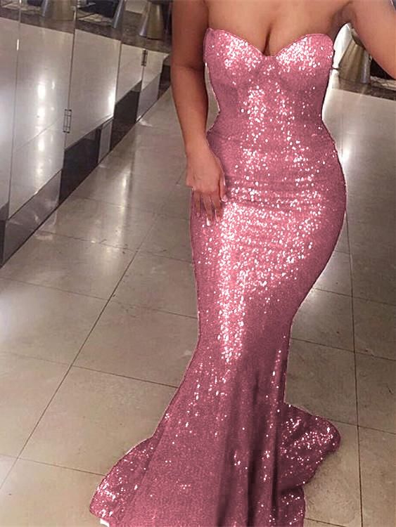 Unique Mermaid Sweetheart Pink Sequin Prom Dresses Long Party Dress 18th Birthday Outfits Graduation Dress RB1252