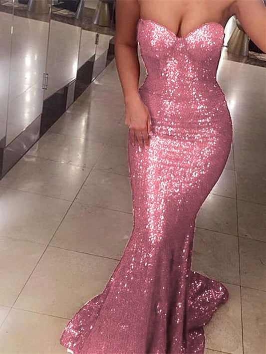 Unique Mermaid Sweetheart Pink Sequin Prom Dresses Long Party Dress 18th Birthday Outfits Graduation Dress RB1252