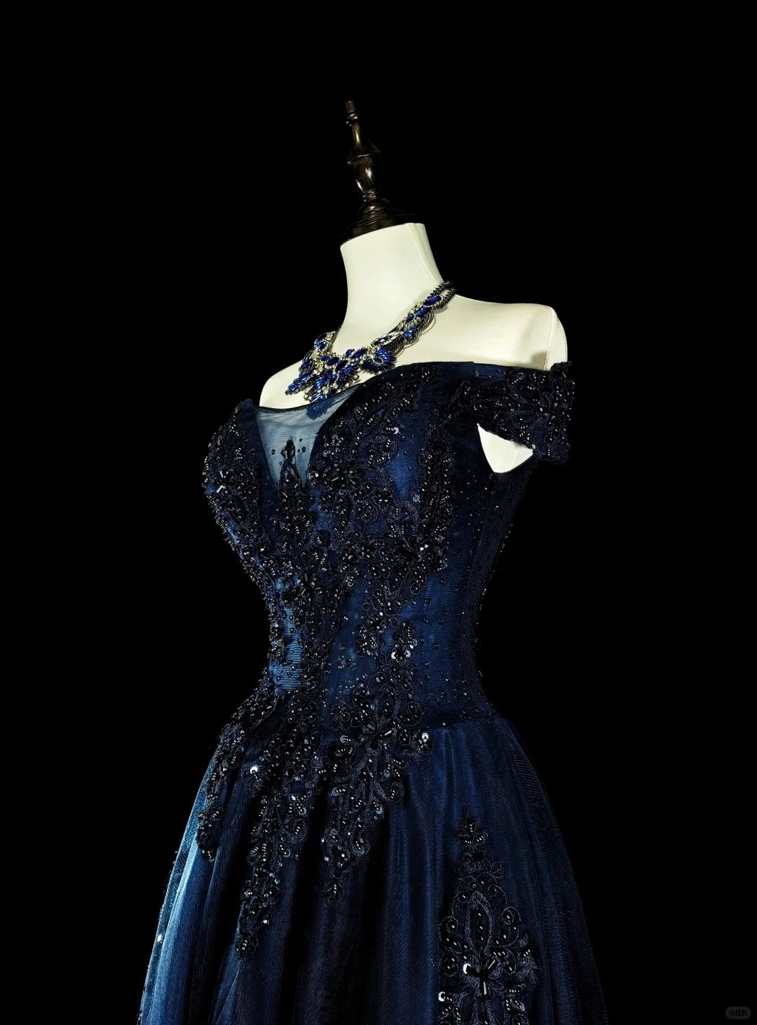 Vintage A line Off The Shoulder Navy Blue Tulle 90s Evening Gowns Formal Birthday Dress Long Prom Dresses N1752