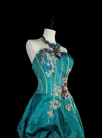 Vintage A line Strapless Blue 70s Satin With Appliques Long Prom Gown Party Wear Fashion Dresses N1830