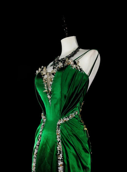 Vintage Mermaid Spaghetti Straps Green Satin Backless Long Gowns Formal 18th Birthday Party Prom Dresses N1750