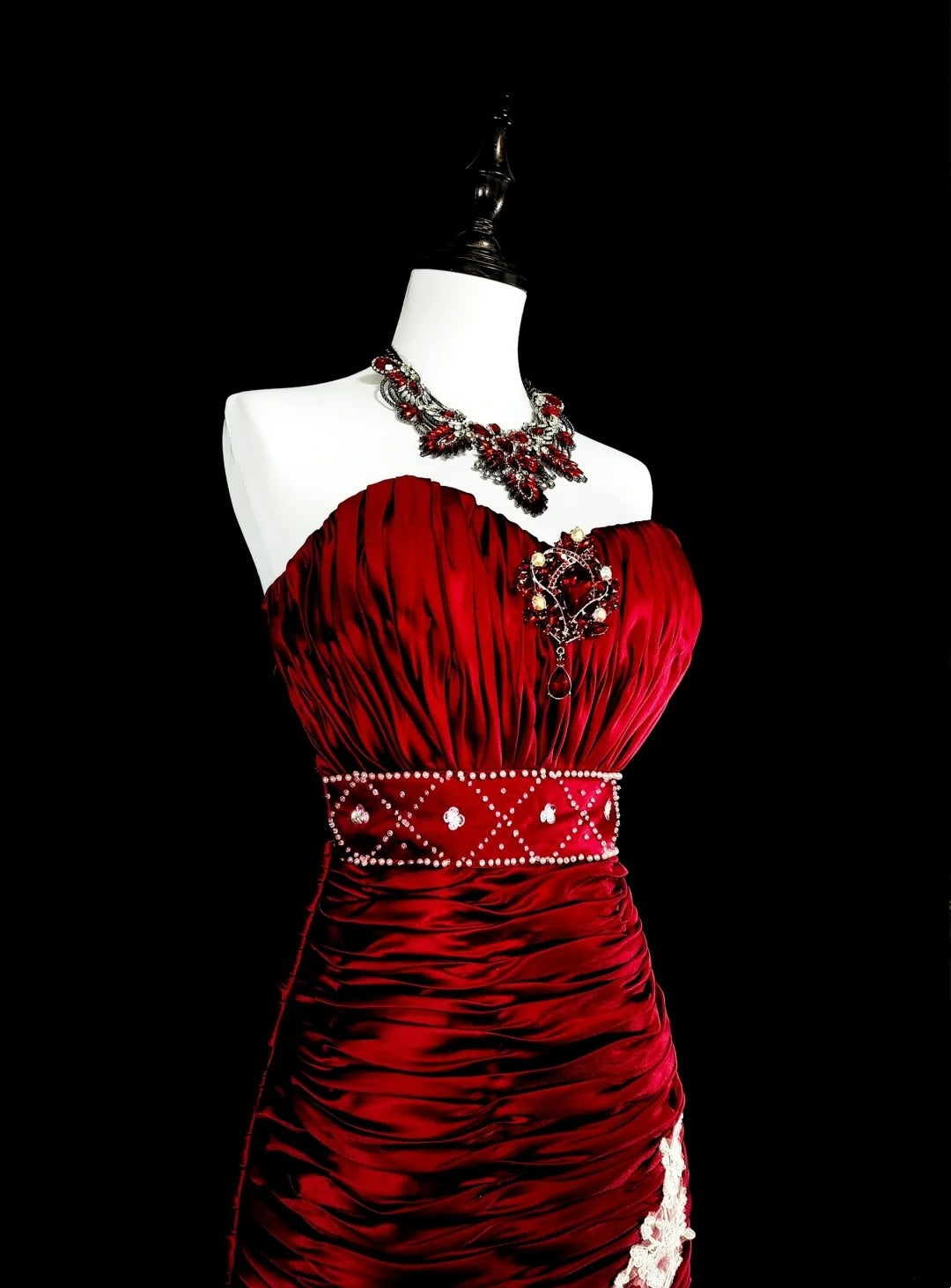 Vintage Prom Dresses Mermaid Sweetheart Burgundy Satin With White Lace Long Formal Dress N2377