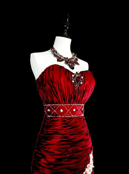 Vintage Prom Dresses Mermaid Sweetheart Burgundy Satin With White Lace Long Formal Dress N2377