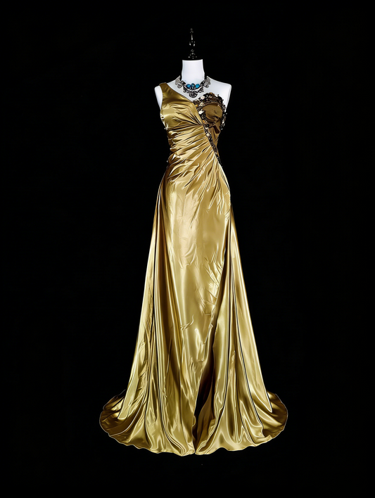 Vintage Prom Dresses A Line One Shoulder Yellow Satin With Beads Folds Long Formal Dress N2386