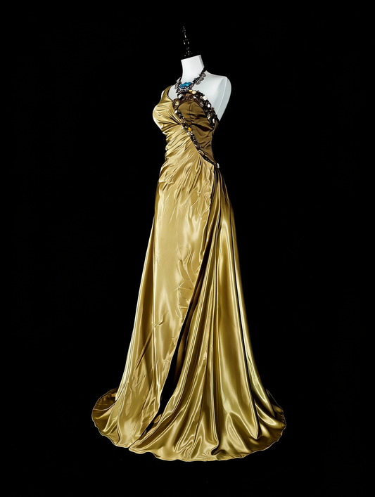 Vintage Prom Dresses A Line One Shoulder Yellow Satin With Beads Folds Long Formal Dress N2386