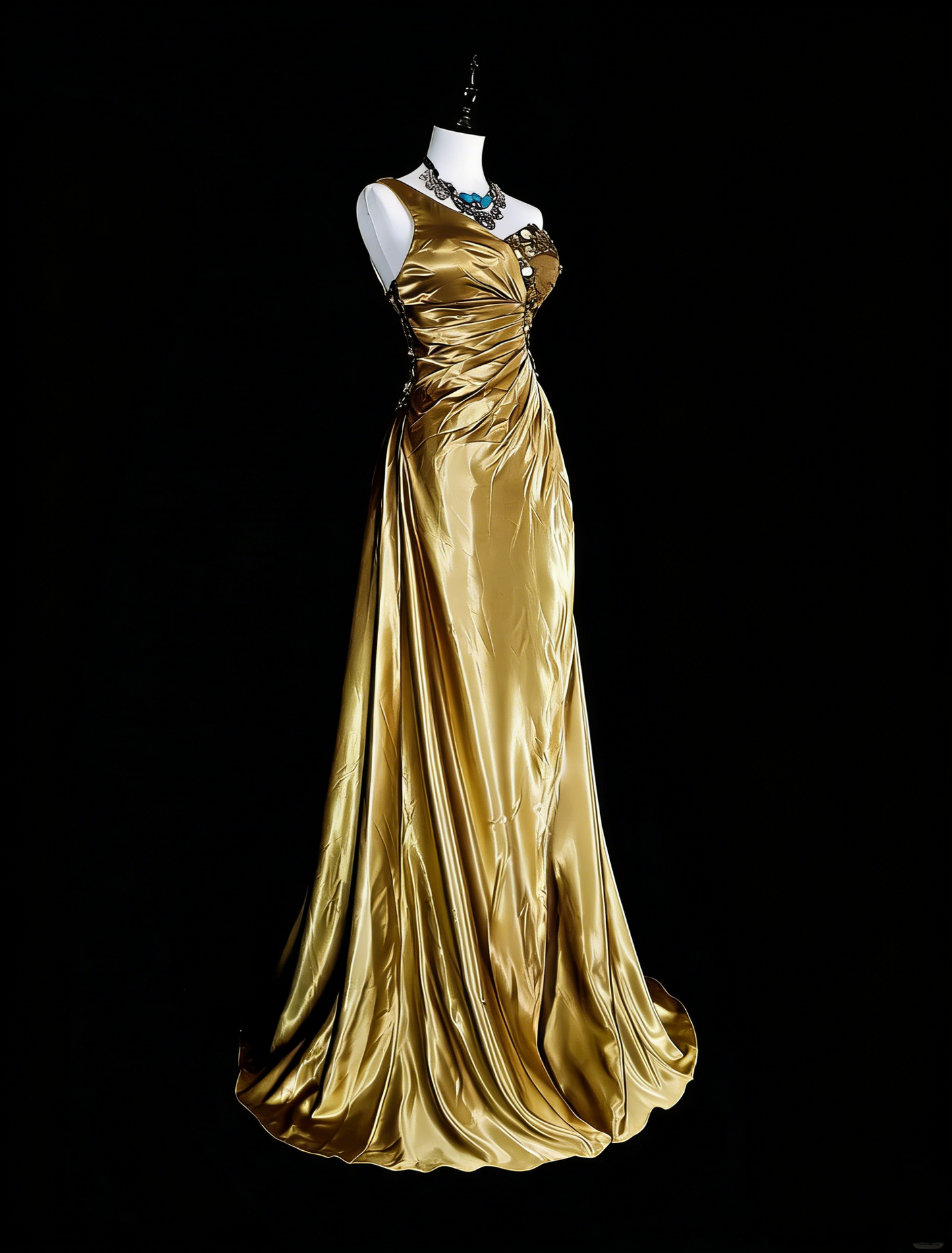 Vintage Prom Dresses A Line One Shoulder Yellow Satin With Beads Folds Long Formal Dress N2386