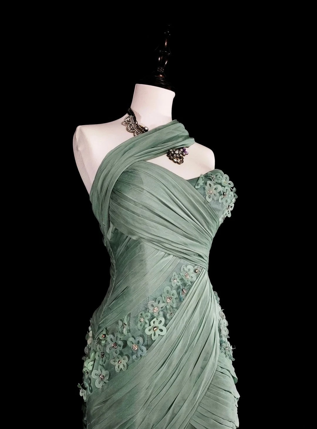 Vintage Prom Dresses Aesthetic Mermaid One Shoulder Sage Green Chiffon With Appliques Long Formal Dress N2161