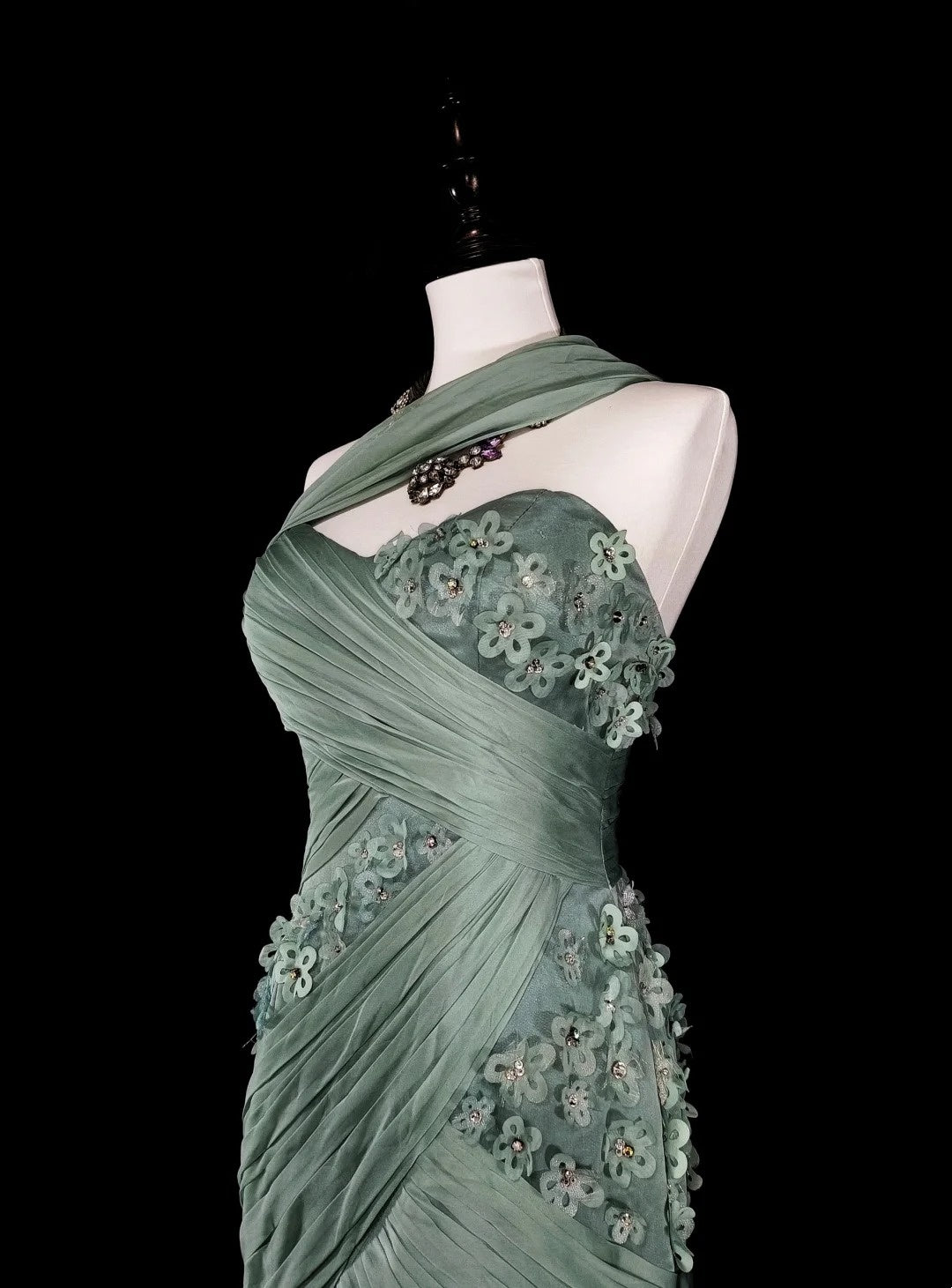 Vintage Prom Dresses Aesthetic Mermaid One Shoulder Sage Green Chiffon With Appliques Long Formal Dress N2161