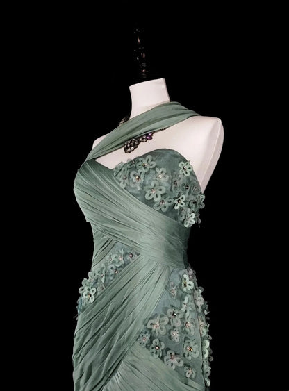 Vintage Prom Dresses Aesthetic Mermaid One Shoulder Sage Green Chiffon With Appliques Long Formal Dress N2161